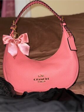 Coach Pink Pebbled Leather Crescent Hobo with Bow Charm